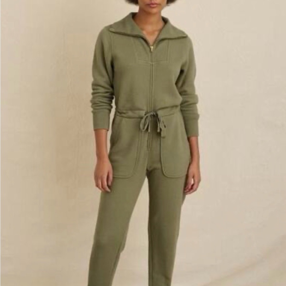 Alex Mill Crosby Sweatshirt Fleece Jumpsuit Zip Drawstring (Olive Green) - Small
